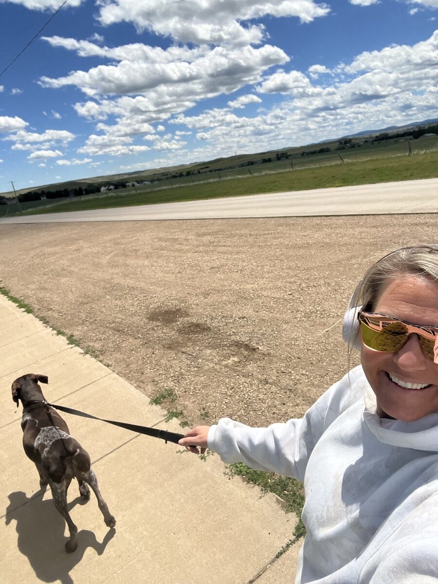 Stacia walking her dog Blaze